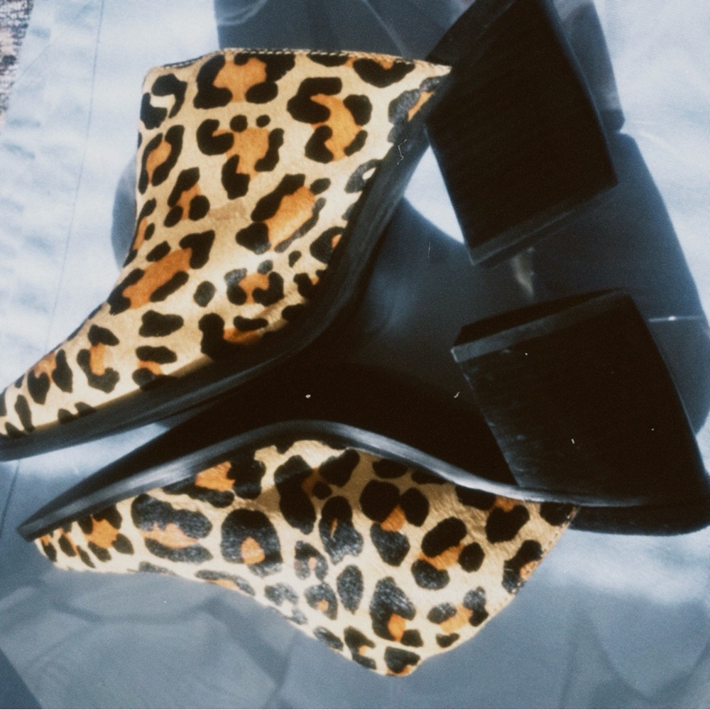 JEFFREY CAMPBELL leopard print heeled mules